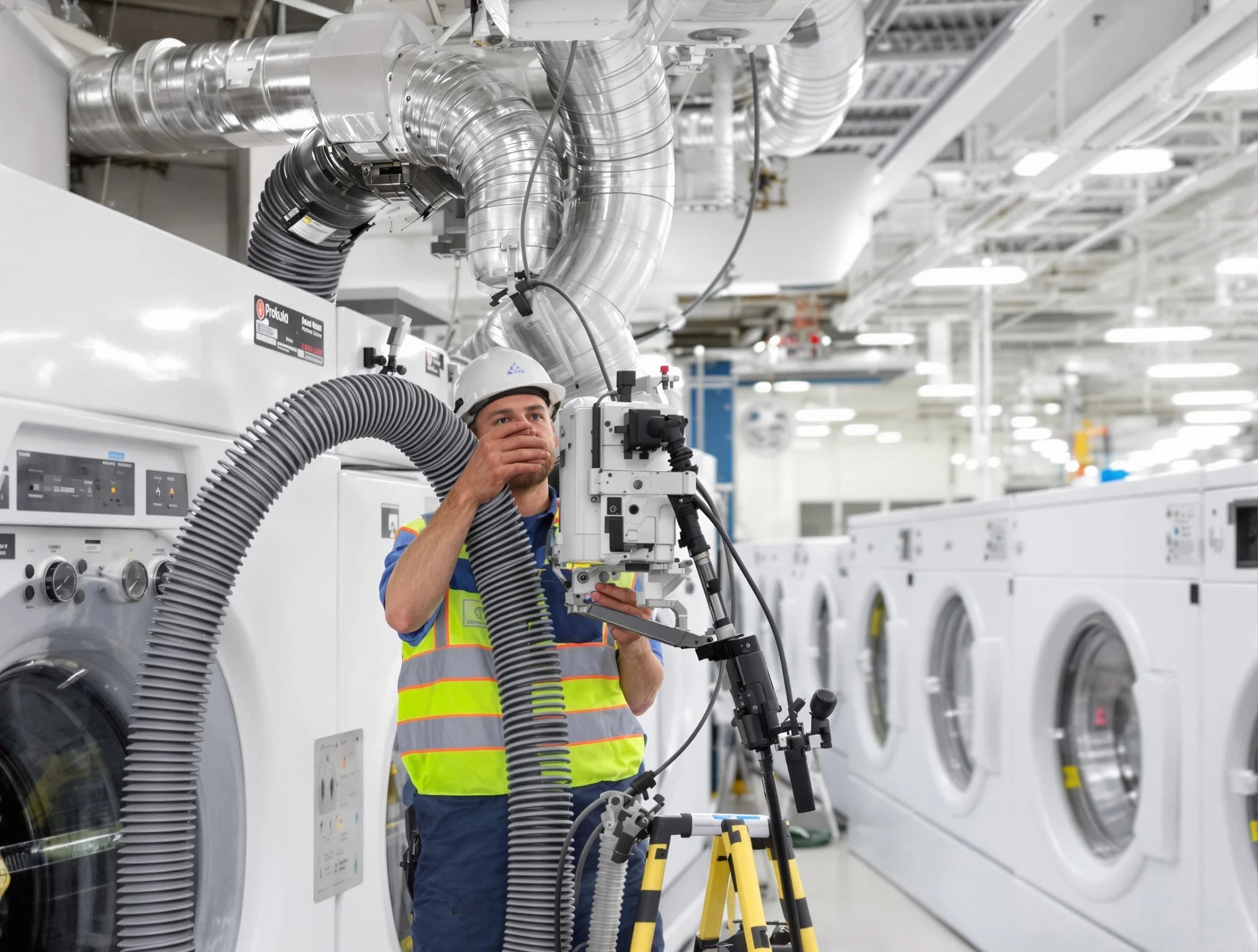 Saugus Dryer Vent Cleaning team performing commercial-grade dryer vent cleaning at a business facility in Saugus