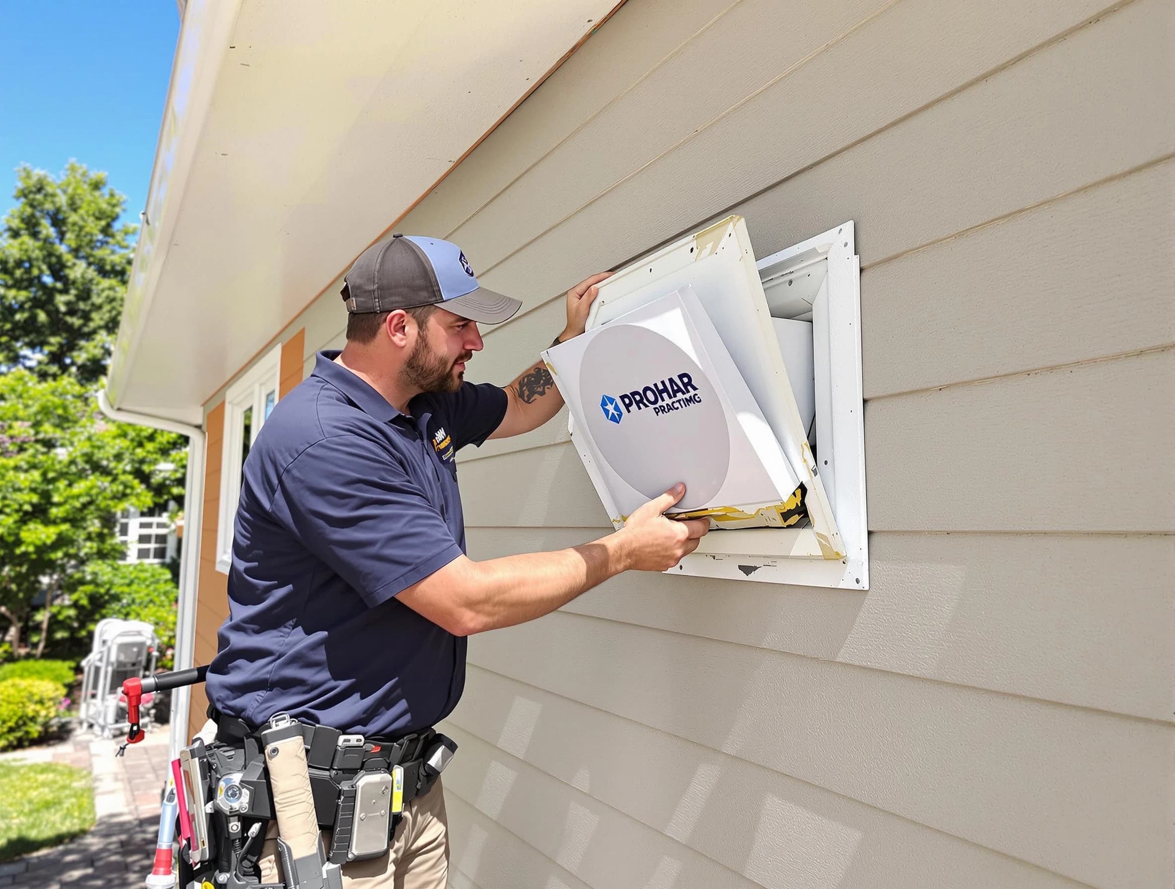 Saugus Dryer Vent Cleaning technician installing a new protective dryer vent cover on a home in Saugus