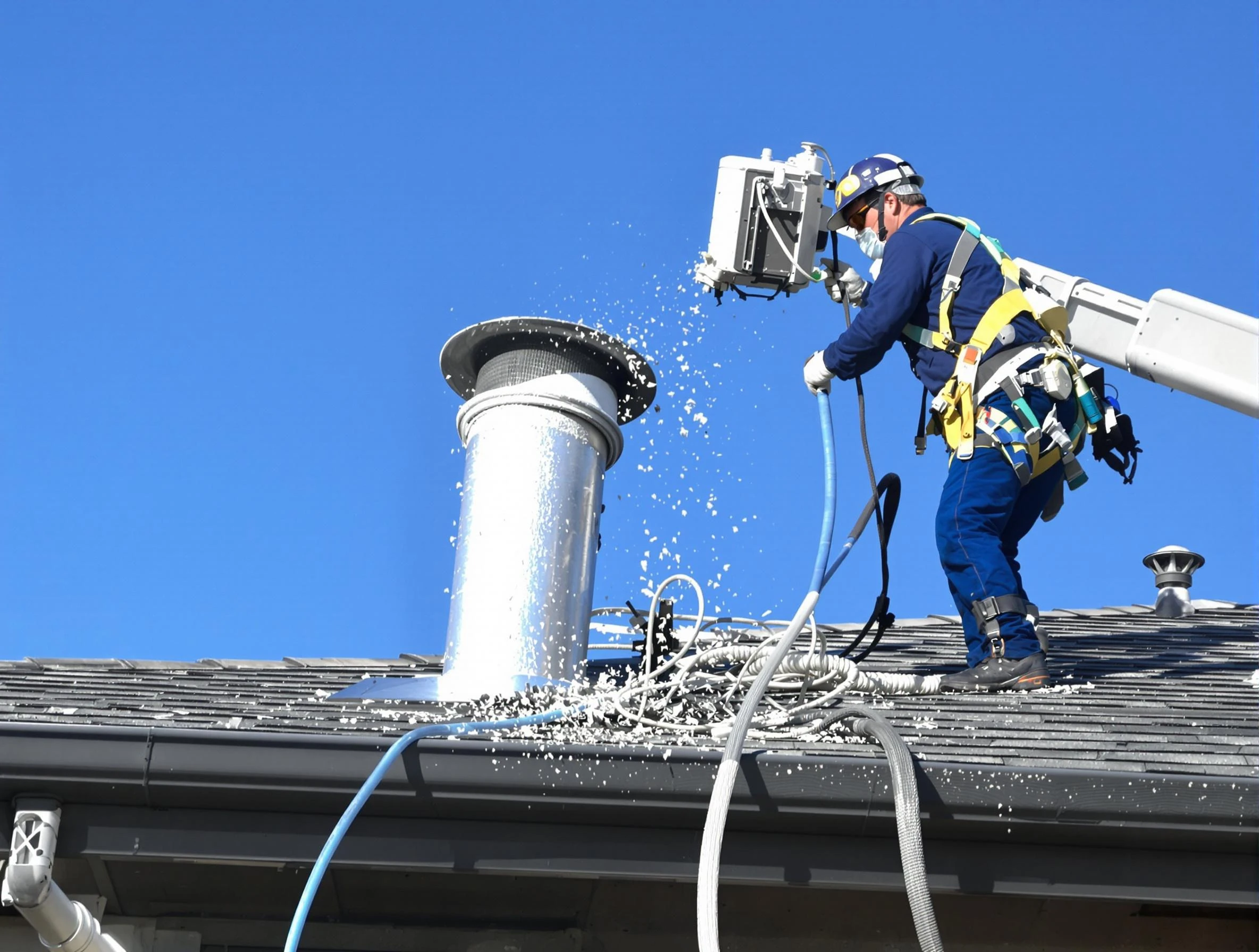Saugus Dryer Vent Cleaning certified technician safely cleaning a roof-mounted dryer vent in Saugus