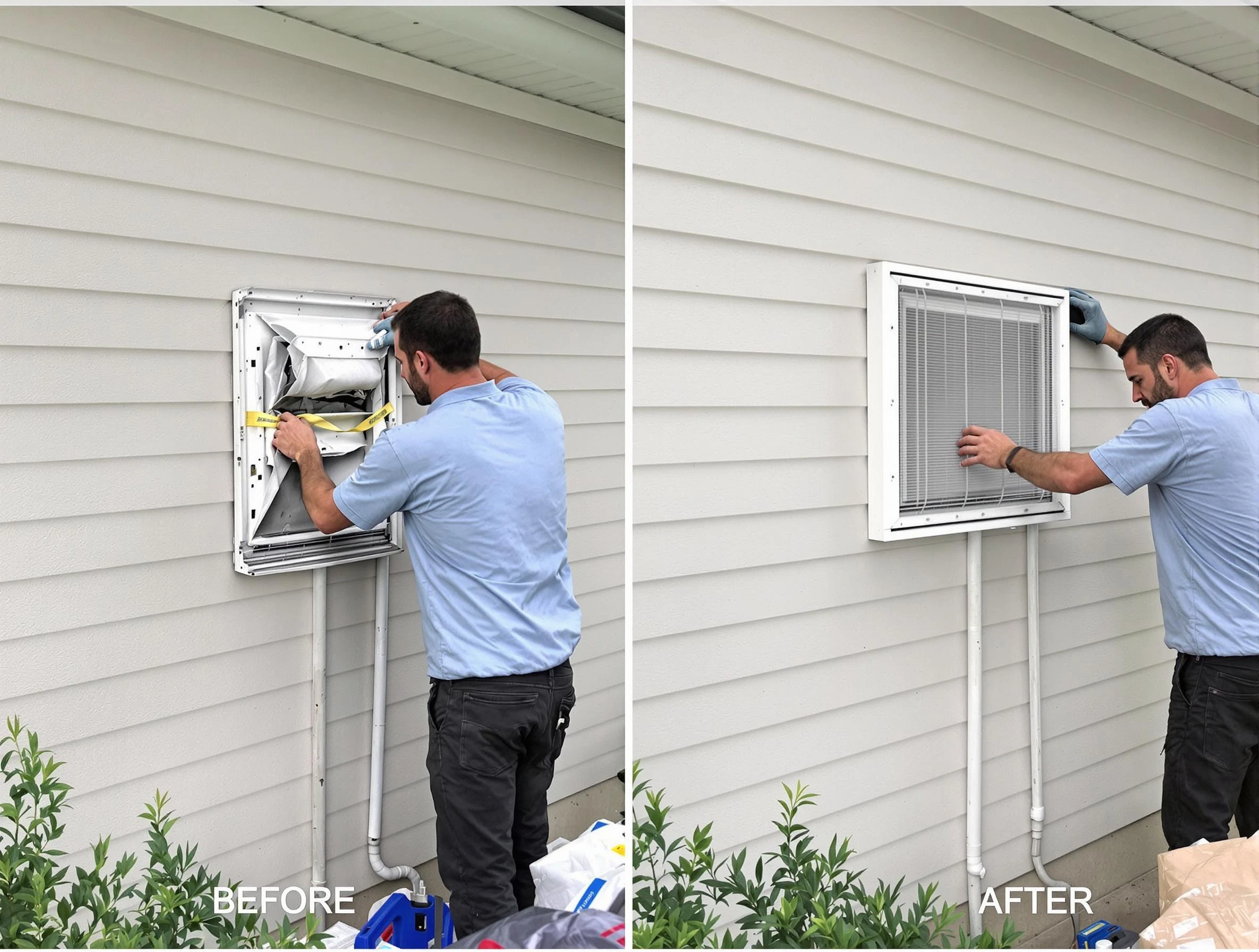 Saugus Dryer Vent Cleaning technician installing high-quality dryer vent cover at a residential property in Saugus